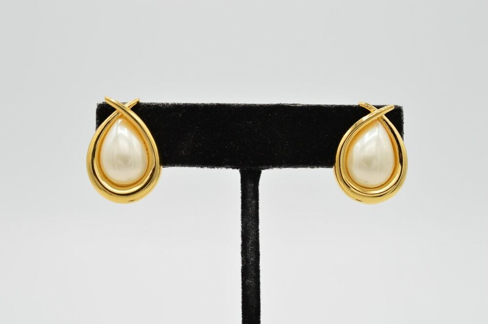 FO Vintage Earrings Clip Pearl Teardrop Gold Fernando Original Signed NOS 80s 9L